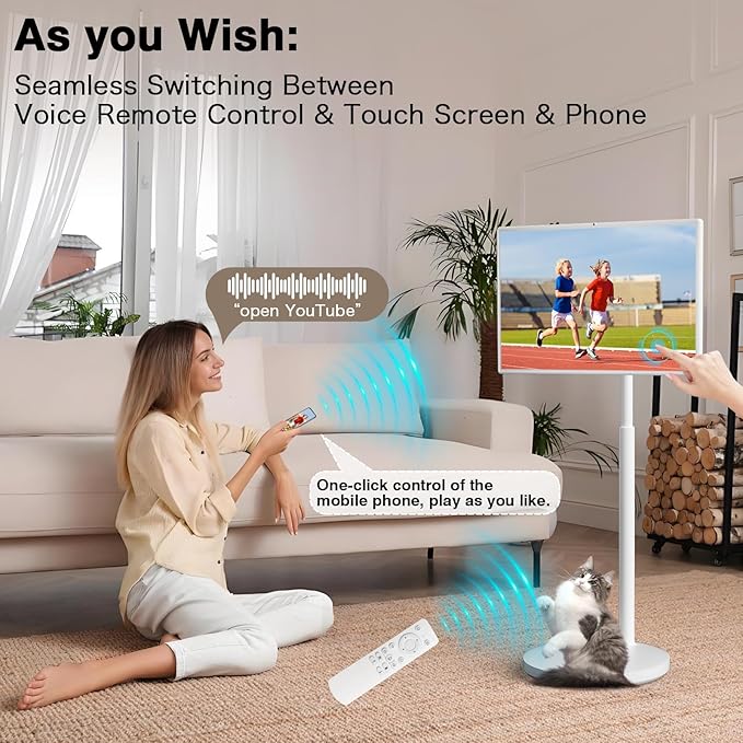 yezrow® Portable TV on Wheels, UHD 4K Portable Touch Screen Monitor, 8+128GB, Android 13 (Support Google Play Store), Built-in Battery(5-8H), Full Swivel Rotation, Voice Remote Control (32 inches Pro)