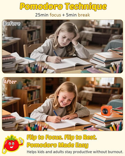 Pomodoro Timer Cube Visual Productivity Flip Timer for Kids Classroom Desk, 5/10/25/50min&Custom Countdown, Silent&Sound Mode Digital Cube for ADHD Study Work School Game Kitchen (Orange)