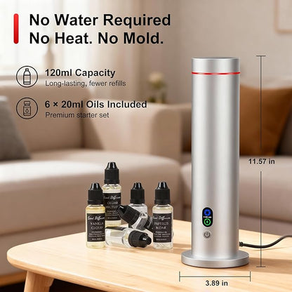 Maromalife Waterless Diffuser, 1000 Sq.Ft Coverage, Essential Oil Diffuser with Tilt-Safe, Remote Control, Adjustable Mist, Mood Lights Aromatherapy Diffuser for Home, Room, Office, Hotel, Silver