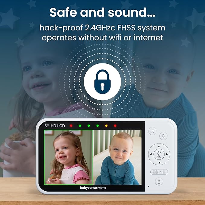 Babysense Prisma Baby Monitor with Camera and Audio, 5” HD Video Baby Monitor, 6-Color Night Light, Split Screen, Baby Sound Machine with White Noise & Lullabies, Secure No WiFi