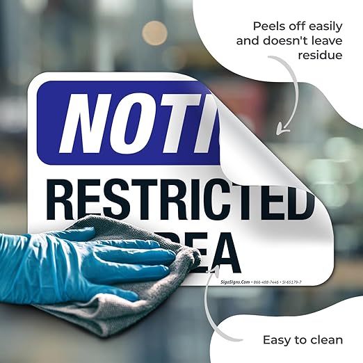 Notice Restricted Area Sign, 10x7 Inches, 4 Mil Vinyl Decal Stickers Weather Resistant, Made in USA