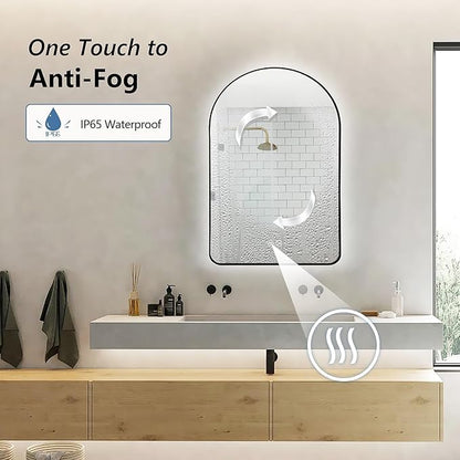 Niccy Arched LED Lighted Bathroom Mirror, 48x30 Inch Backlit Vanity Bathroom Mirror with Lights Brushed Black Framed Wall Mounted Mirrors with 3 Color Shatterproof Arch Smart Fog Free Mirror