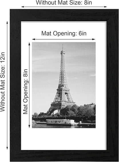 iRahmen 8x12 Picture Frame Set of 4 with HD Glass, Black Frame Display 6x8 Picture with Mat or 8 x 12 Without Mat, Wood Rustic Photo Frame for Tabletop and Wall Mounting