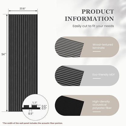 Wood Salt Acoustic Wall Panels, 2 Piece 94" x 23.6" x 0.8" Soundproof Wooden Wall Panels, 3D Fluted Sound Absorbing Panel, Dark Gray