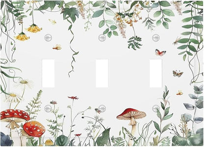 Decorative Switch Plates Sage Plant Red Mushroom Butterfly Wild Flower 3 Gang Wall Plate Triple Toggle Light Switch Cover Faceplate Electrical Wall Panels For Bed Room Kids Room Decor