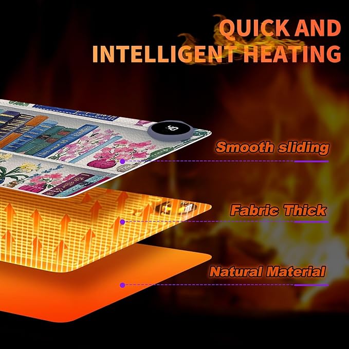 Heated Mouse Pad 31.5x13 in 3-Temp Fast Heating Desk Mat with Auto Timer Warmer for Hands Wrist Pain Relief Waterproof Keyboard Mat for Office, Gaming, Home, Bookshelf Floral