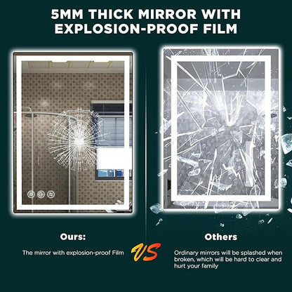 LED Bathroom Mirror 24"x 32" with Stepless Dimmable Wall Mirrors with Anti-Fog, Dimmable CRI>90, Vanity Mirror with 3 Color Modes, Shatter-Proof, Memory Bathroom Mirror with LED Lights