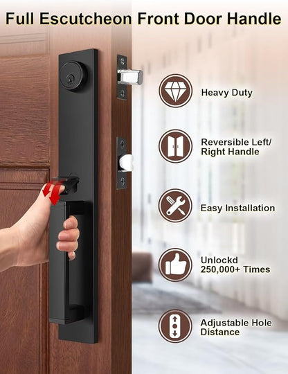 Front Door Lock Set, Full Escutcheon Front Door Handle Sets, Heavy Duty Entry Door Lock Sets with 3 Keys, Door Locks with Deadbolt Lever Handle