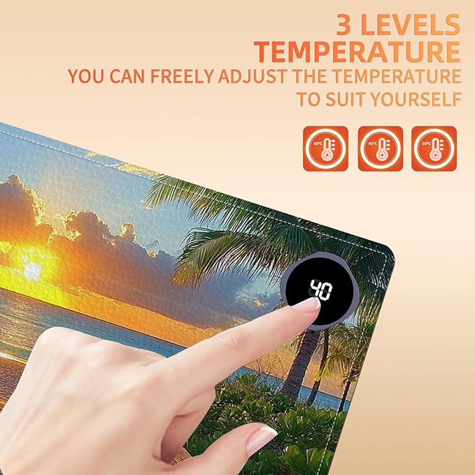 Heated Mouse Pad 23.6 x 14 in 3-Temp Fast Heating Desk Mat with Auto Timer Warmer for Hands Wrist Pain Relief Waterproof Keyboard Mat for Office, Gaming, Home, Sunset Beach Pathway