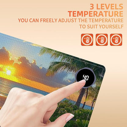 Heated Mouse Pad 23.6 x 14 in 3-Temp Fast Heating Desk Mat with Auto Timer Warmer for Hands Wrist Pain Relief Waterproof Keyboard Mat for Office, Gaming, Home, Sunset Beach Pathway