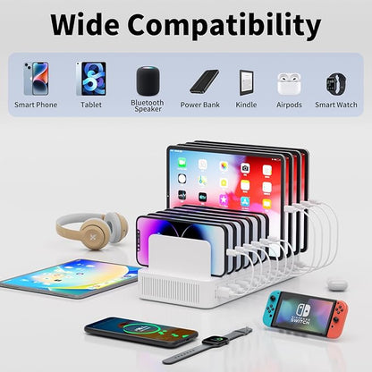 60W Charging Station for Multiple Devices, 10-Port USB Fast Charging Station with Adjustable Dividers - Device Organizer Charging Dock for iPhone, Android, iPad, Tablets & More
