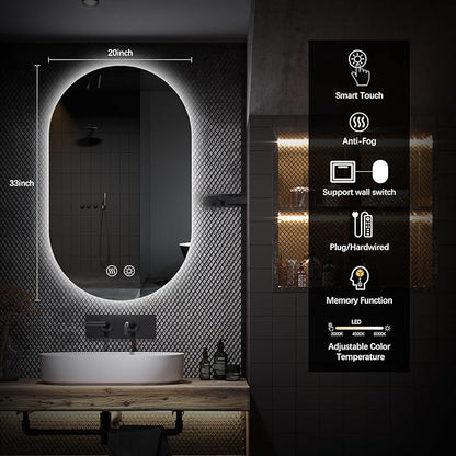 Niccy Oval LED Bathroom Vanity Mirror, 32x20inch Frameless Backlit Mirror with Light, Smart Anti-Fog Waterproof Mirror with Memory Function Dimmable Lighted Mirror