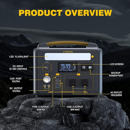 VTOMAN Jump 600X Portable Power Station with 110W Solar Panel, 600W/299Wh LiFePO4 Battery Solar Generator, 1200W AC Outlet, PD 60W USB-C, 3x Regulated 12V/10A DC for RV, Outdoor Camping, Home Backup