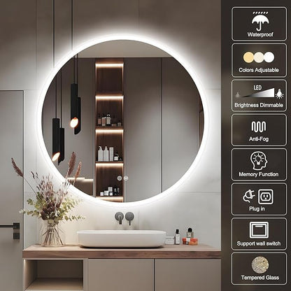 S·BAGNO 40'' Round Bathroom Mirror with Lights, LED Bathroom Vanity Wall Mirror with Anti-Fog, Stepless Dimmable, 3 Colors, Tempered Glass Lighted Vanity Smart Mirror for Bathroom(No Bluetooth)