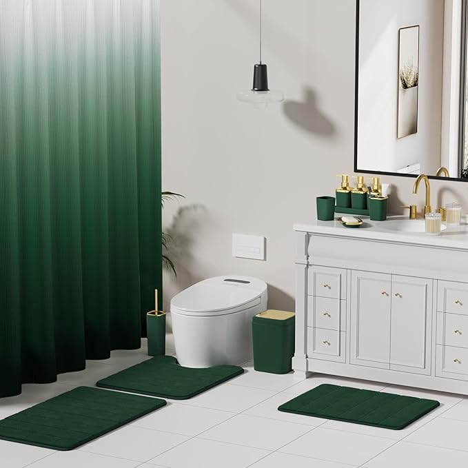 Bathroom Sets with Shower Curtain and Rugs, 27PC Bathroom Accessory Set, Green Bathroom Set, Green and Gold Bathroom Accessories Set with Trash Can, Toilet Brush and Soap Dispensers
