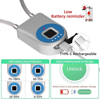 Cord Padlock Waterproof Fingerprint Cable Lock eLinksmart Bluetooth App Bike Lock Outdoor Travel Lock - 38cm Steel Cable Lock for Kids Adults Fridge French Door Small Folding Bicycle Helmet