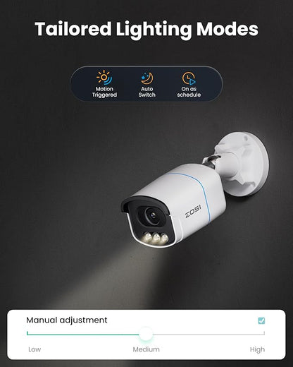 ZOSI 4K 8MP 8CH PoE Security Camera System, 4pcs 3K 5MP C186 Aurora Lux True Full Color Night Vision Outdoor Indoor PoE Wired Cameras, Person/Vehicle Alerts, Light & Siren, Two-Way Talk, with 2TB HDD