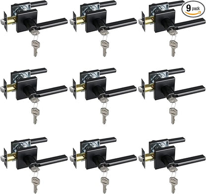 Keyed Entry Door Lever with Lock, Heavy Duty Square Interior Handle for Front Door and Office, Matte Black, Reversible for Right&Left Handed, 9Packs