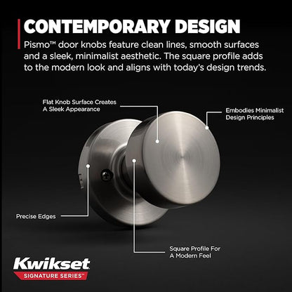 Kwikset Pismo Dummy Door Knob, Single Sided Handle for Closets, French Double Doors, and Pantry, Satin Nickel Non-Turning Interior Push/Pull Door Knob, with Microban Protection