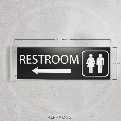 ALPHA DOG SIGNS Corridor Projecting Hallway Bathroom Sign, Left Arrow, 4"x12" Double Sided, Indoor/Outdoor, Easy Install, Durable Business Wayfinding Plaque, USA-Made (Black)