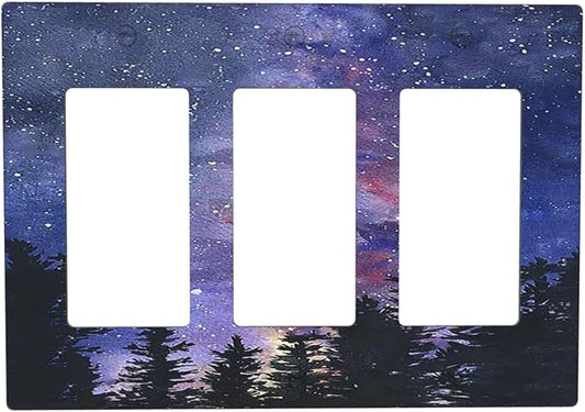Light Switch Covers Dream Milky Way Starry Forest Pine Watercolor Painting 3 Gang Rocker Electrical GFCI Decorative Triple Outlet Wall Plate Cover Switchplate for Bedroom Home Decor