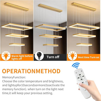 Modern Chandeliers for Living Dining Room, 3-Ring Rectangular LED Chandelier Light Fixture with Remote Control Dimming, Hanging Pendant Light with Adjustable Height, Gold