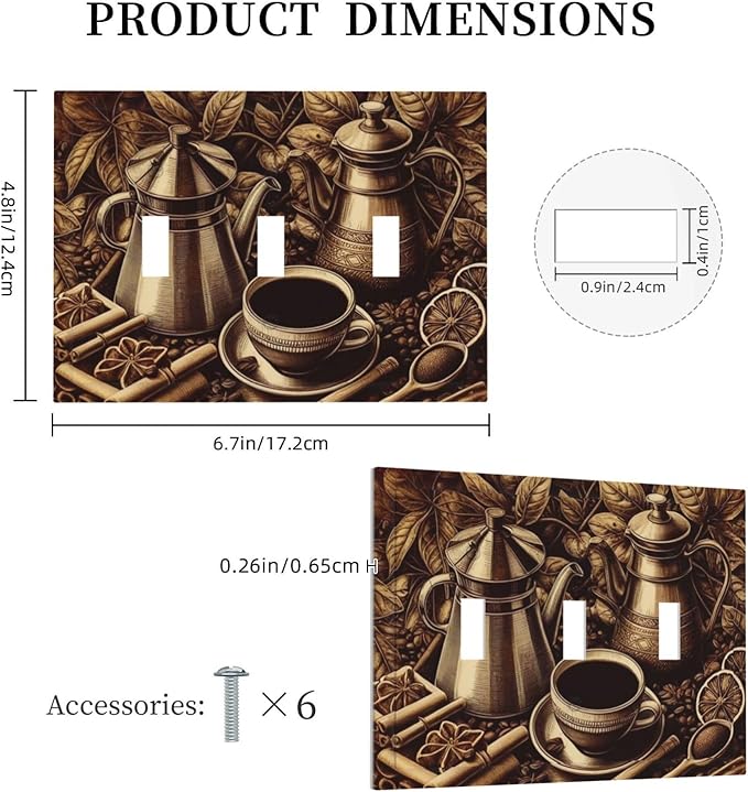 Decorative Light Switch Cover Plate Vintage Coffee Beans Leaf Cup 3 Gang Wall Plate Oversized Triple Toggle Switch Cover Plate Jumbo Faceplate for Kitchen Home Decor