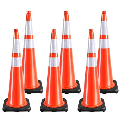 36 Inch Traffic Cones (6 Pack),Heavy-Duty PVC Construction Cone with Reflective Collars & Weighted Black Base for Road Safety,Parking & Driver Training