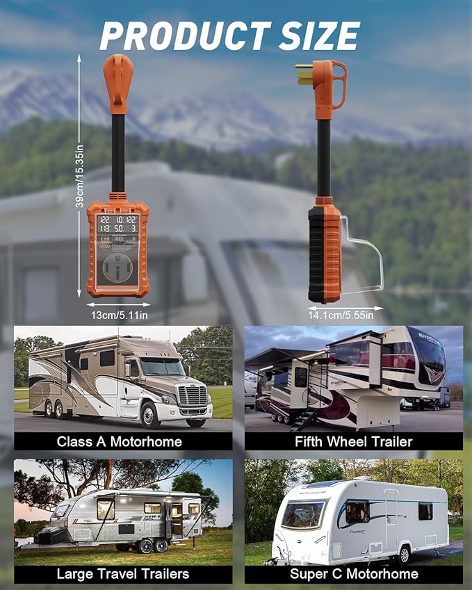 RV Surge Protector 50 Amp with Digital Display & Auto-Shutoff, 16,000J Circuit Analyzer, Real-Time Voltage Current KWH, Waterproof RV Power Surge Protector for Camper, Motorhomes