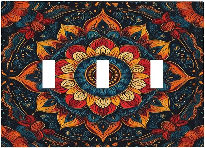 Light Switch Covers Boho Colorful Mandala 3 Gang Wall Plates Triple Toggle Outlet Cover Decorative Switchplates Electrical Panel Cover for Kitchen Living Room 4.8 X 6.7 IN