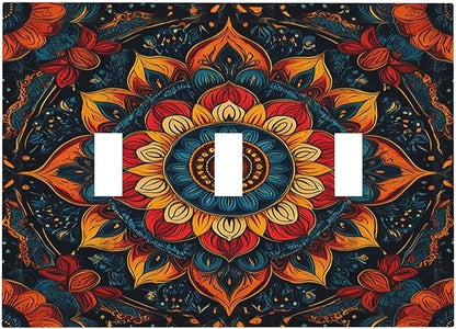 Light Switch Covers Boho Colorful Mandala 3 Gang Wall Plates Triple Toggle Outlet Cover Decorative Switchplates Electrical Panel Cover for Kitchen Living Room 4.8 X 6.7 IN