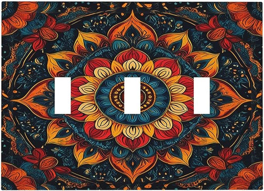 Light Switch Covers Boho Colorful Mandala 3 Gang Wall Plates Triple Toggle Outlet Cover Decorative Switchplates Electrical Panel Cover for Kitchen Living Room 4.8 X 6.7 IN