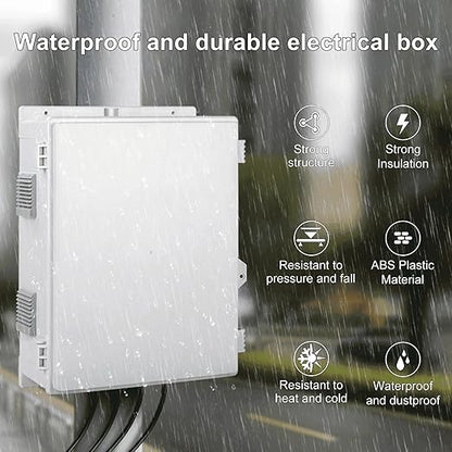 Outdoor Electrical Junction Box with High Power Outlet, 16" H* 12" L* 5.9" W, ABS Water Resistant Enclosure with Internal Mounting Panel & Hinged Cover.