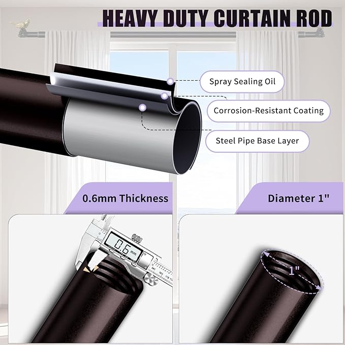 Curtain Rods 48 to 90 Inches Vintage Oil Bronze Curtain Rods for Windows Adjustable Drapery Rod with Bird Finials Heavy Duty Window Brown Curtains Rod for Living Room Bedroom