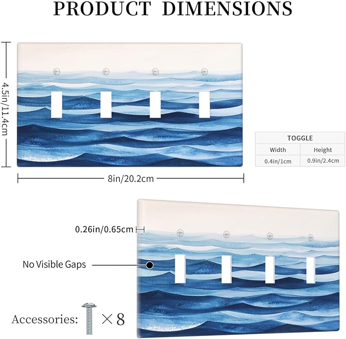 Light Switch Cover Plate Blue Watercolor Textured Abstract Ocean Wave 4 Gang Quad Toggle Wall Plate Electrical Outlet Cover Decorative Switch Plate Covers for Bedroom living Room Decor
