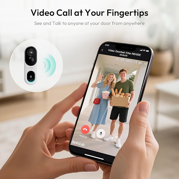 BOTSLAB 2K Doorbell Camera Wireless, 180° Head-to-Toe View, No Monthly Fee, Video Doorbell with 2-Way Audio, Human Detection, 5200mAh Battery, 2.4Ghz WiFi