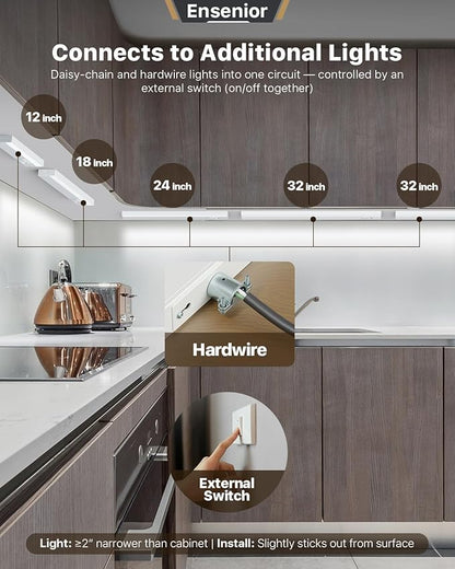 Ensenior 18 Inch LED Under Cabinet Lighting Hardwired, 5CCT, 10W 650LM, 2700K/3000K/3500K/4000K/5000K, Wired Under Cabinet Lights, Dimmable Under Counter Lights for Kitchen, FCC, 1 Pack