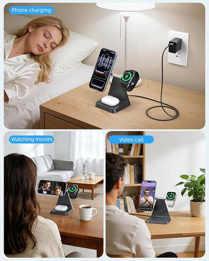 Charging Station for Multiple Devices Apple: 3 in 1 Magnetic Wireless Charger Stand for MagSafe-Compatible Nightstand Charging Dock for iPhone 17 16 15 14 13 12 Pro Max Plus Apple Watch Airpods