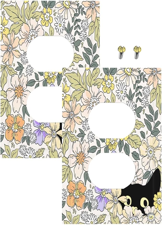 Decorative Outlet Covers Cute Black Cat in a Flower Patch Botanical Garden 1 Gang Duplex Light Switch Cover Plate Wall Plates Switch Plate Cover for Bedroom Home Decor（2 Pack）