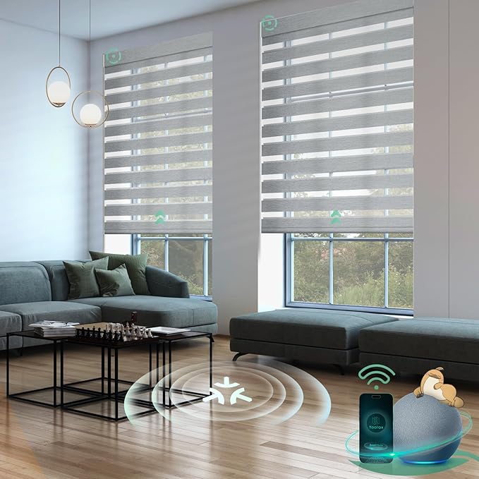 Yoolax Smart Blinds Motorized Matter Zebra Blinds Compatible with Alexa, Google Home, Apple Homekit,Window Shades Blackout Electric Custom Roll Up Indoor Cordless Zebra Blinds for Home(Sheer Gray)