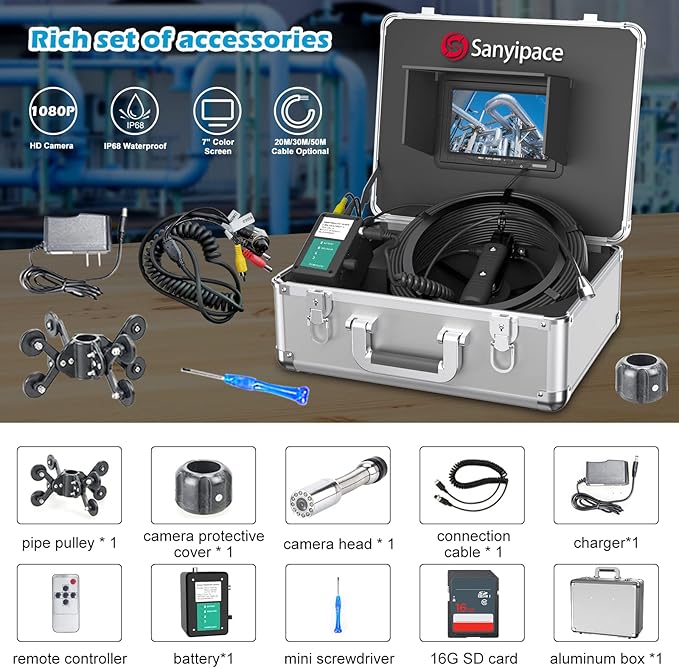 Sanyipace Sewer Scope Camera, 1080P FHD, 165FT/50M, 5X Zoom in, Remote Control, Sapphire Lens, Battery Level Display, Drain Inspection Camer with 12 Adjustable LED Lights, 7'' LCD Screen,16GB TF Card