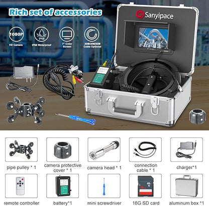 Sanyipace Sewer Scope Camera, 1080P FHD, 165FT/50M, 5X Zoom in, Remote Control, Sapphire Lens, Battery Level Display, Drain Inspection Camer with 12 Adjustable LED Lights, 7'' LCD Screen,16GB TF Card