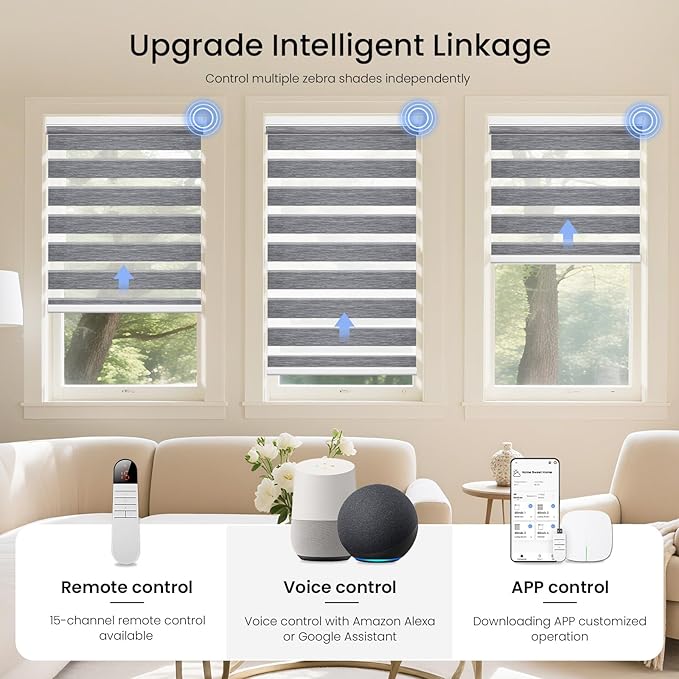 Grandekor Motorized Zebra Blinds with Remote Control,Smart Zebra Blinds for Windows,Electric Zebra Shades, Hemp Grey,24" W x 72" H