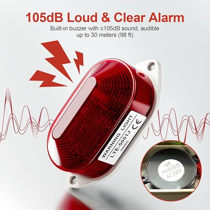 QTEATAK DC24V Strobe Siren Industrial Warning Light with Red LED and 105dB Buzzer, Ultra-Bright Signal Flashing Alarm Light for Safety and Alert, Oval
