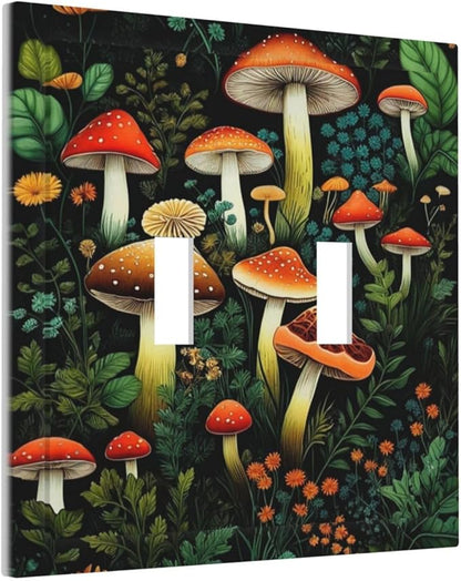 Decorative Light Switch Plate Covers Boho Red Mushroom Green Leaf Plants Floral 2 Gang Wall Plate Double Toggle Switch Cover Plate Electric Dual Device Electrical Faceplate