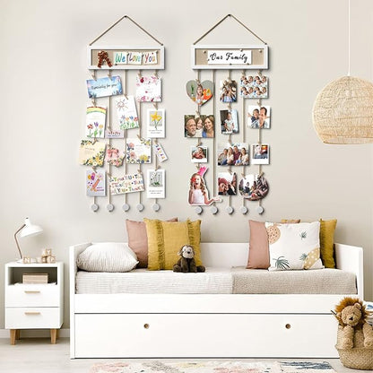 Bikoney Collage Picture Frames Hanging Photo Display Multi Pictures Organizer with Wood Bulletin Board Photo Board 30 Clips and 6 Pushpins for Room Wall Decor (White)