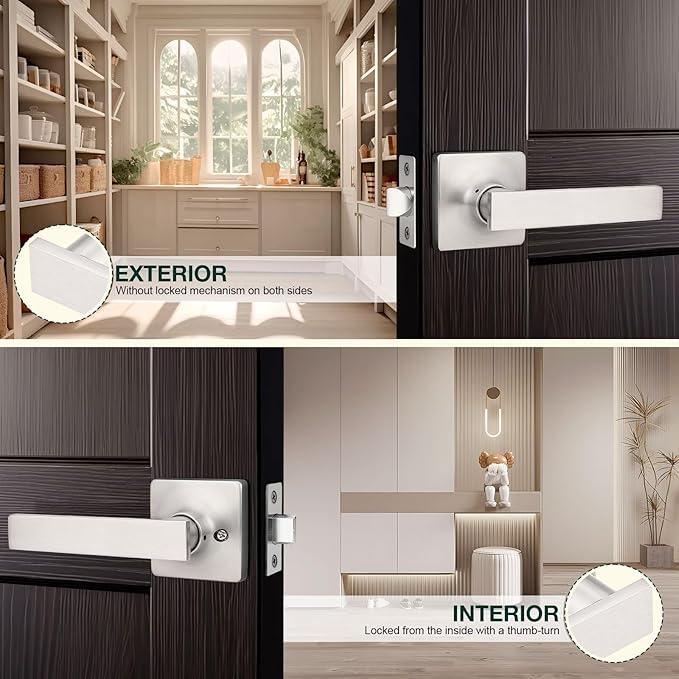 GOBEKOR 3 Pack Passage Door Levers Interior Door Handles with Lock Square Brushed Nickel Locks for Hall Closet