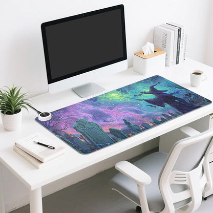 Heated Desk Pad Mouse Pad 31.5x13 Inch PU Leather Desk Mat with 3 Heat Levels Large Mouse Gaming Computer Laptop Mat Halloween Graveyard Purple