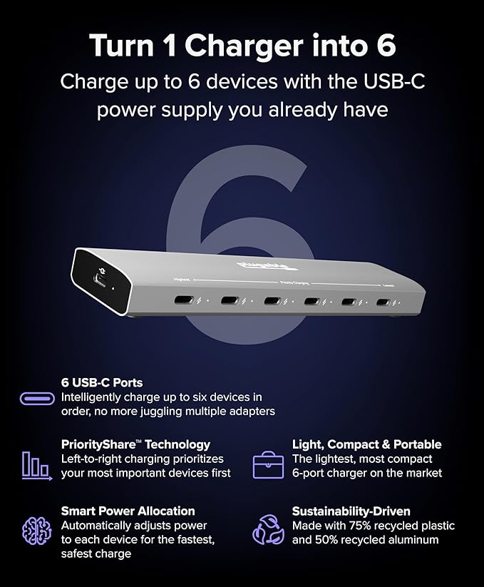 Plugable 6 Port USB C Charging Station, Up to 100W Charger for Multiple Devices with Priority Charging, Desktop Power Hub for USBC Devices Including Laptops Phones Tablets Earbuds and More (PS-6CC)
