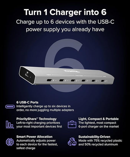 Plugable 6 Port USB C Charging Station, Up to 100W Charger for Multiple Devices with Priority Charging, Desktop Power Hub for USBC Devices Including Laptops Phones Tablets Earbuds and More (PS-6CC)